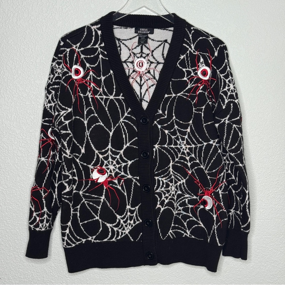 Social Collision Black White Red Spiderweb Eyeball Spider Cardigan